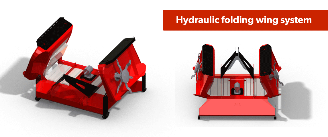 Hydraulic folding wing design and floating wings follow the contours of the ground up and down.